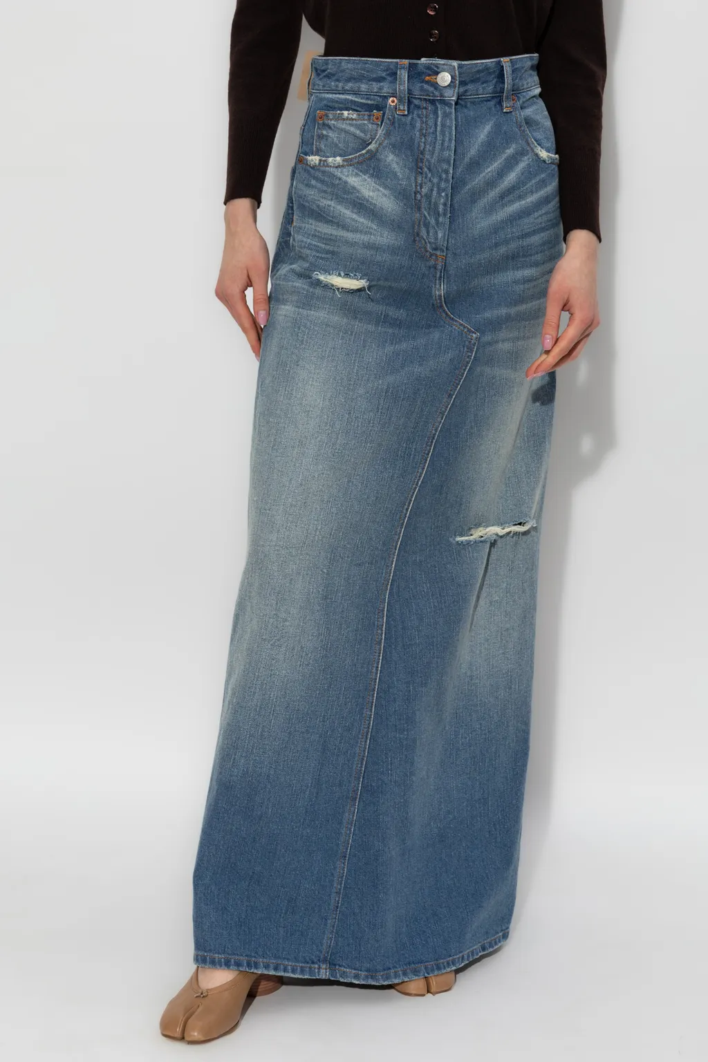 Distressed Denim Maxi Skirt