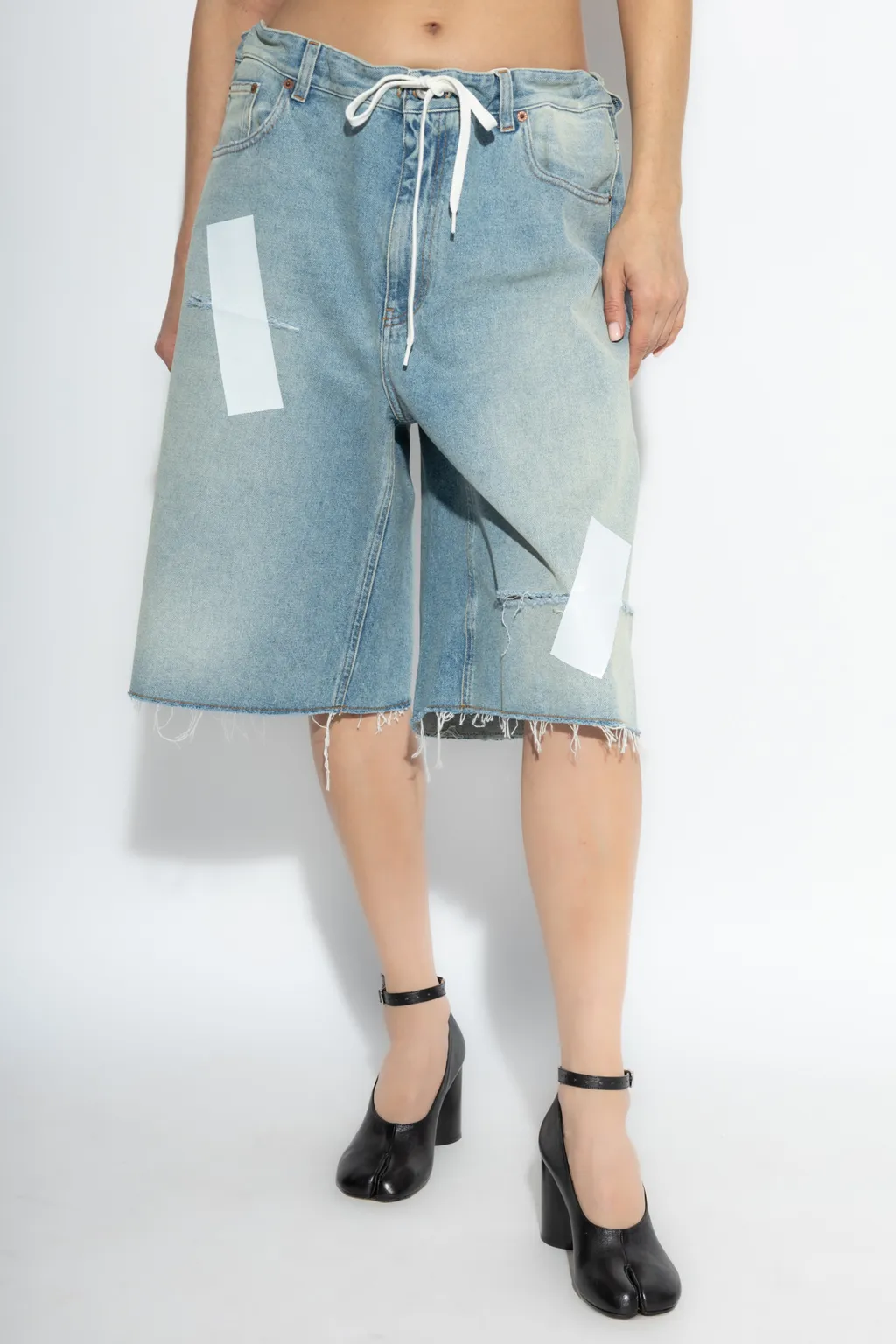 Logo Patch Distressed Denim Shorts