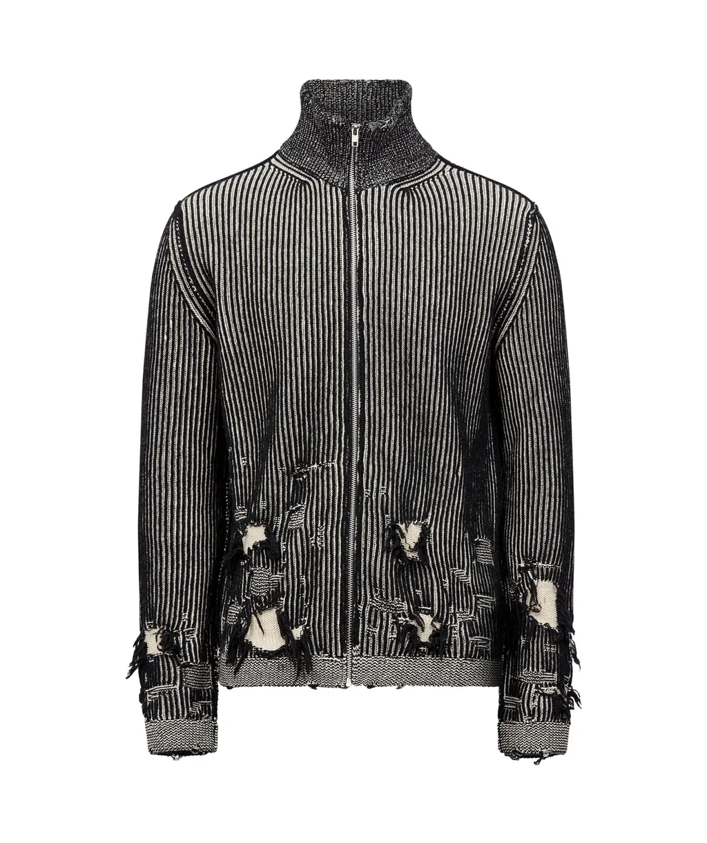 Zipped Distressed 3D-Knitted Cardigan