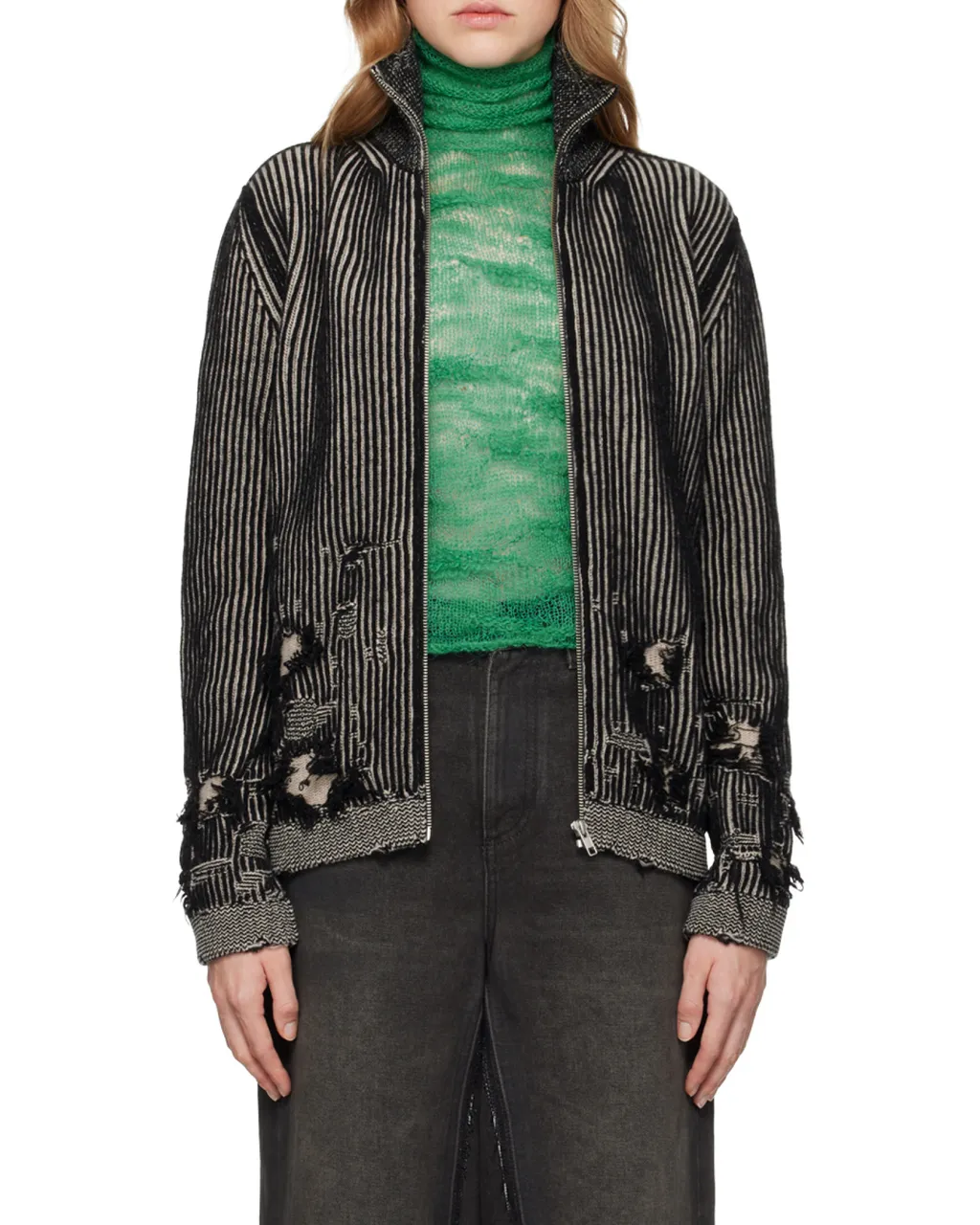 Zipped Distressed 3D-Knitted Cardigan