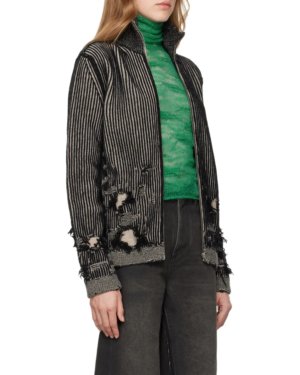 Zipped Distressed 3D-Knitted Cardigan