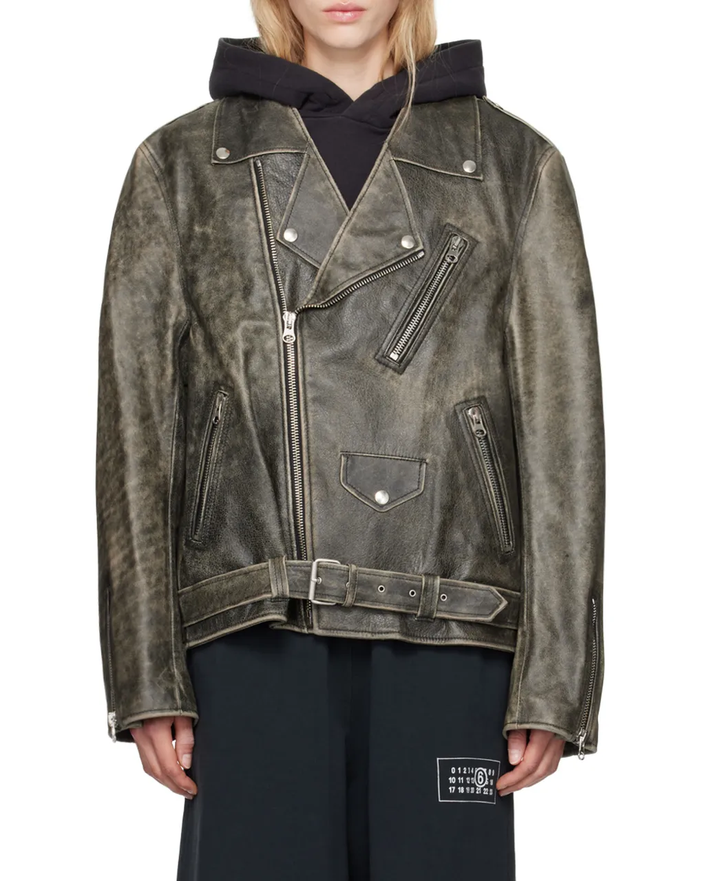 Distressed-Effect Buckle-Belted Leather Jacket