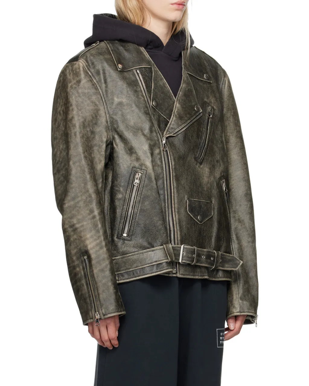 Distressed-Effect Buckle-Belted Leather Jacket