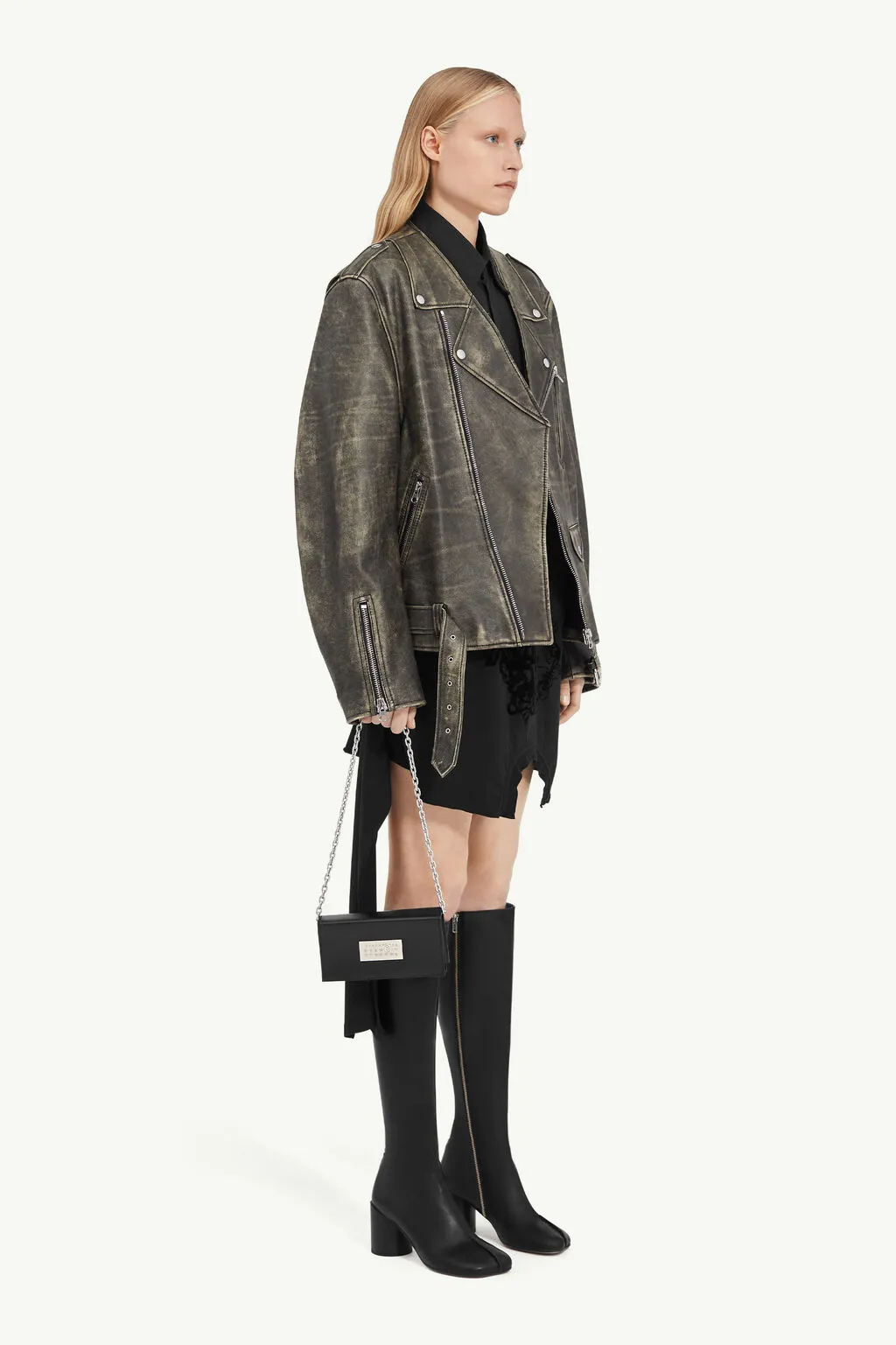 Distressed-Effect Buckle-Belted Leather Jacket
