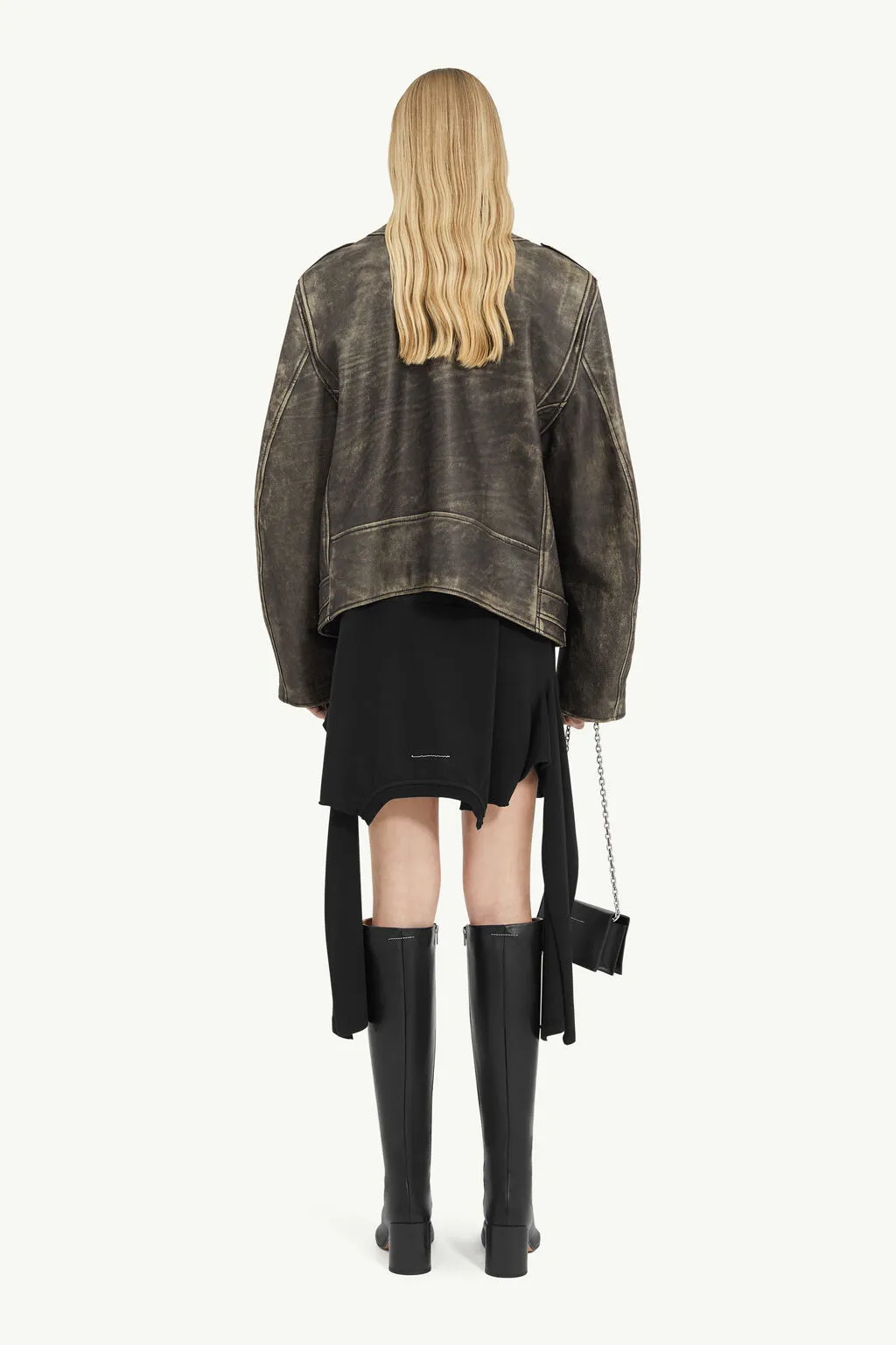 Distressed-Effect Buckle-Belted Leather Jacket
