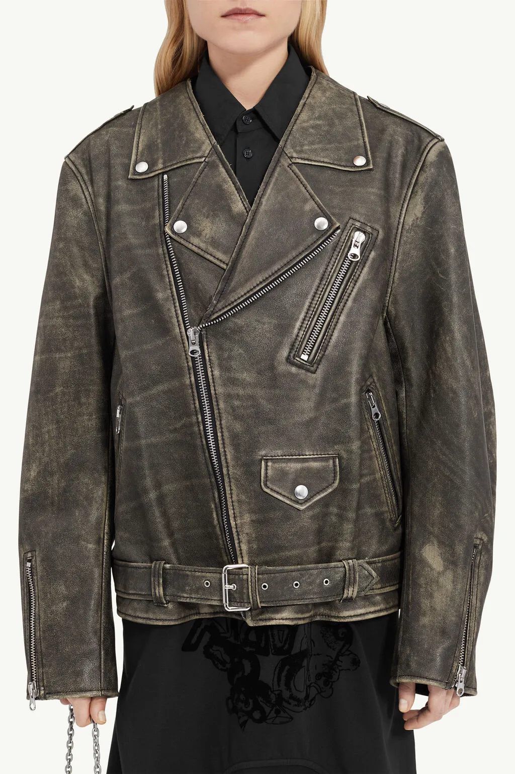 Distressed-Effect Buckle-Belted Leather Jacket