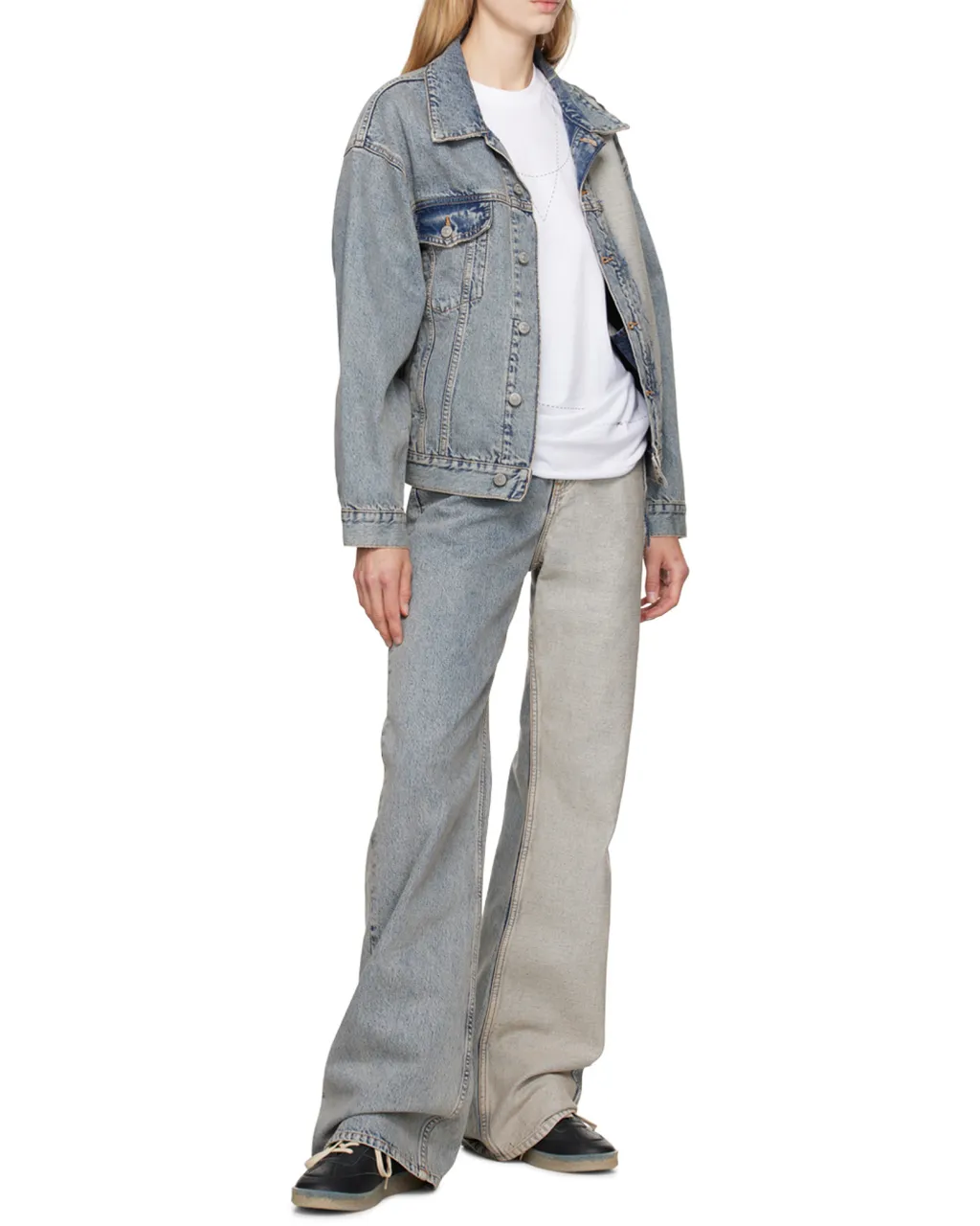 Distressed-Effect Button-Up Denim Jacket