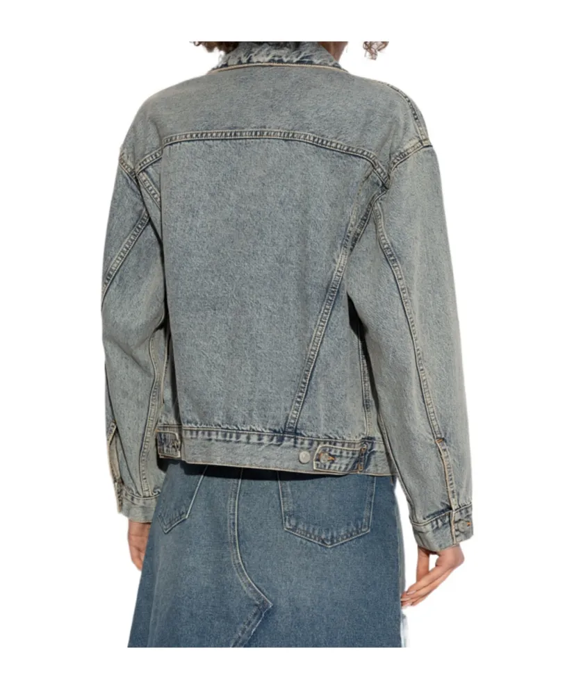 Distressed-Effect Button-Up Denim Jacket