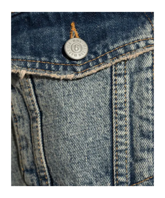 Distressed-Effect Button-Up Denim Jacket