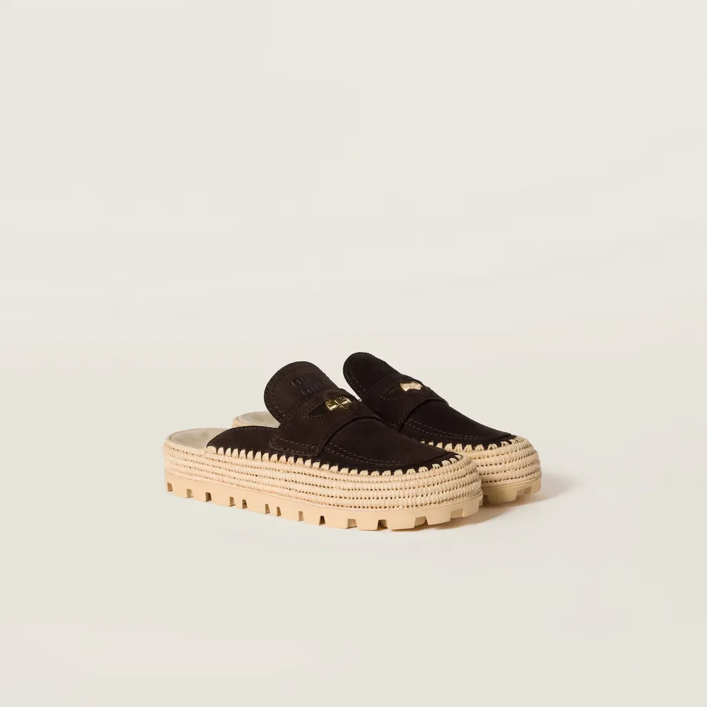 Suede And Raffia Flatform Mules