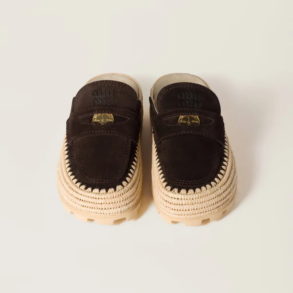 Suede And Raffia Flatform Mules