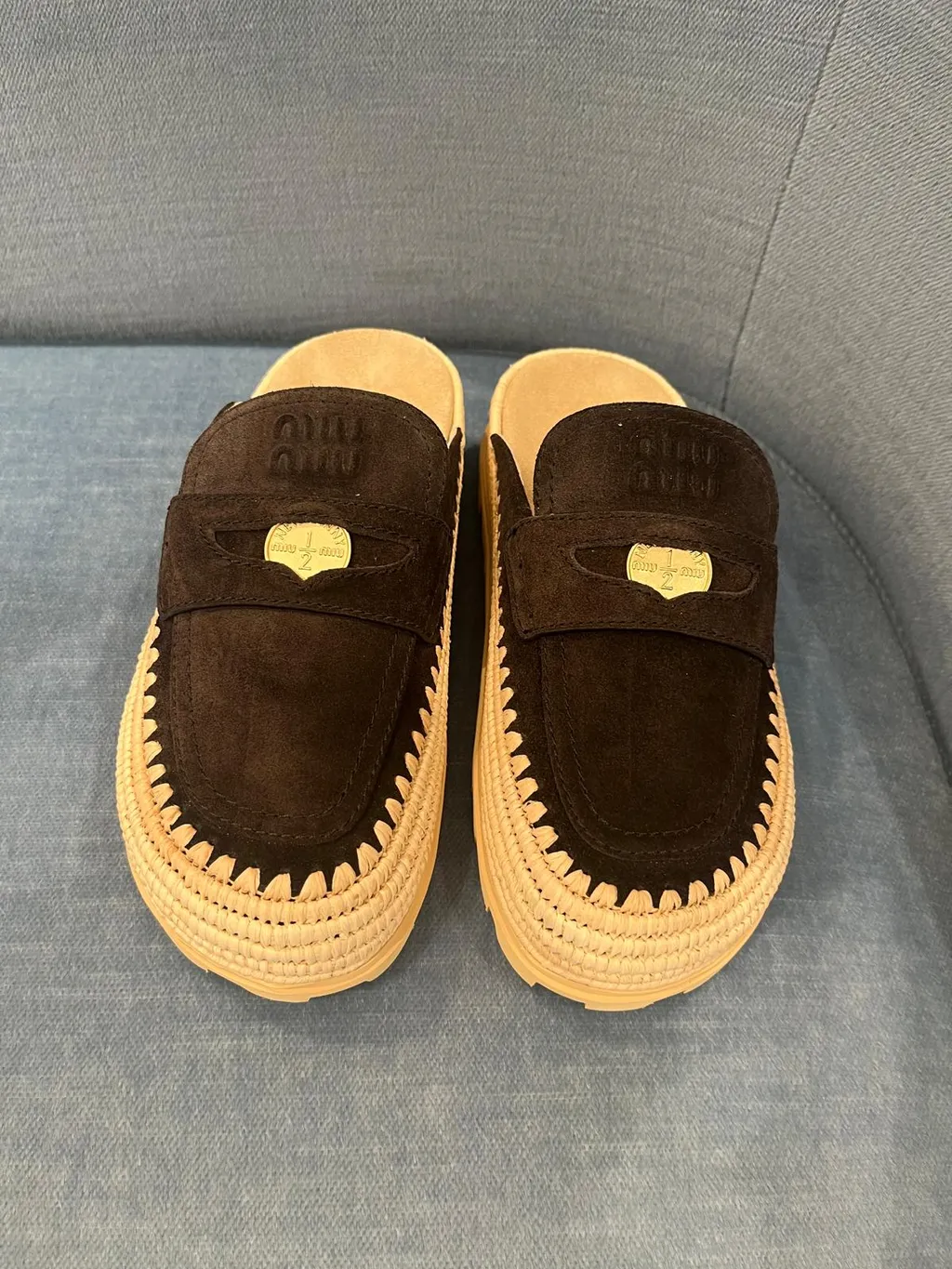 Suede And Raffia Flatform Mules