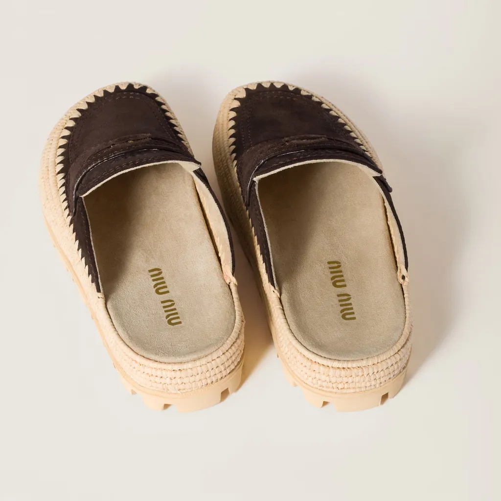 Suede And Raffia Flatform Mules