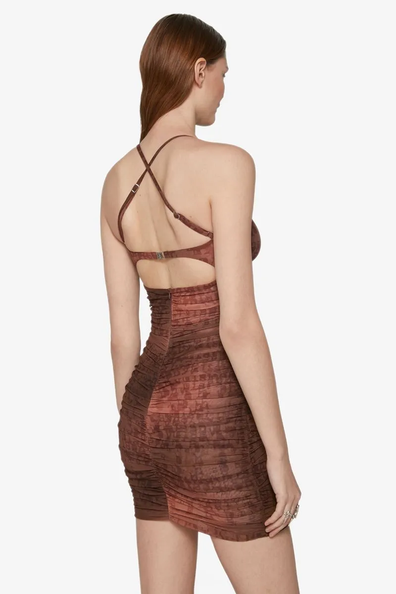 Letter-Print Ruched Mini Dress