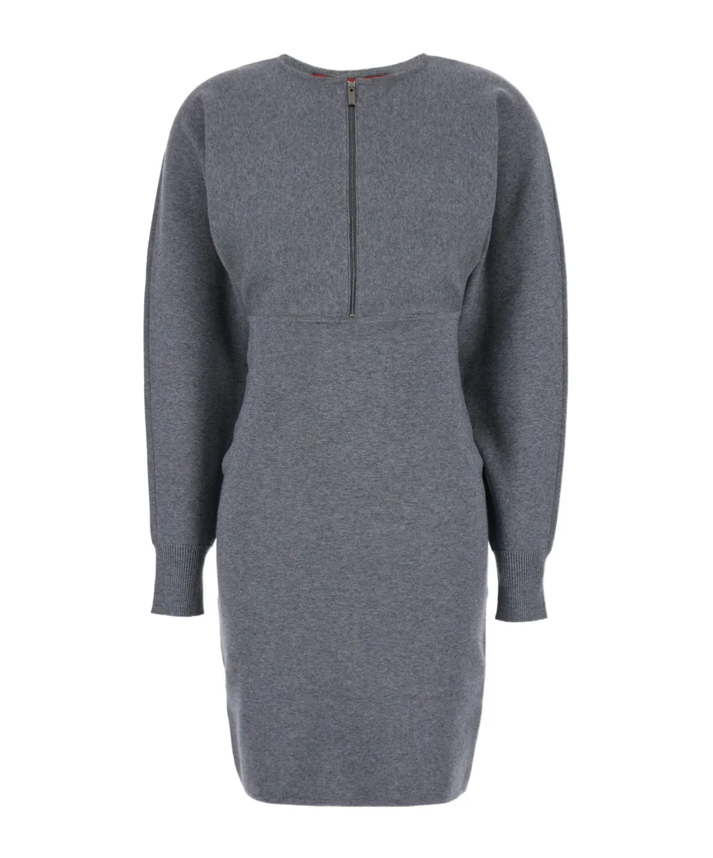 Zip Detailed Crewneck Long-Sleeved Dress