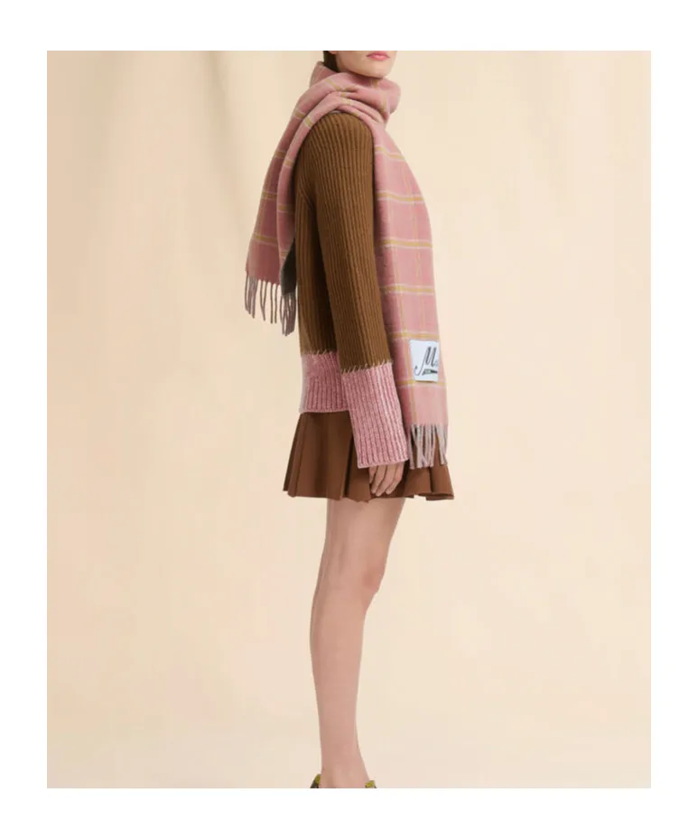 Logo Patch Checked Fringed Scarf