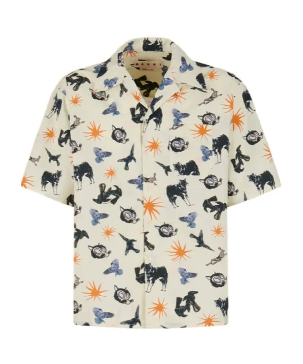 Poplin Bowling Shirt With Wolves, Ravens And Doves Print