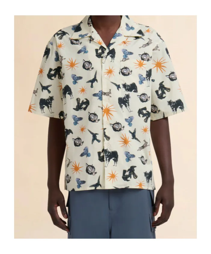 Poplin Bowling Shirt With Wolves, Ravens And Doves Print