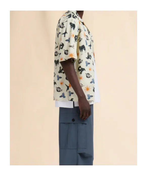 Poplin Bowling Shirt With Wolves, Ravens And Doves Print