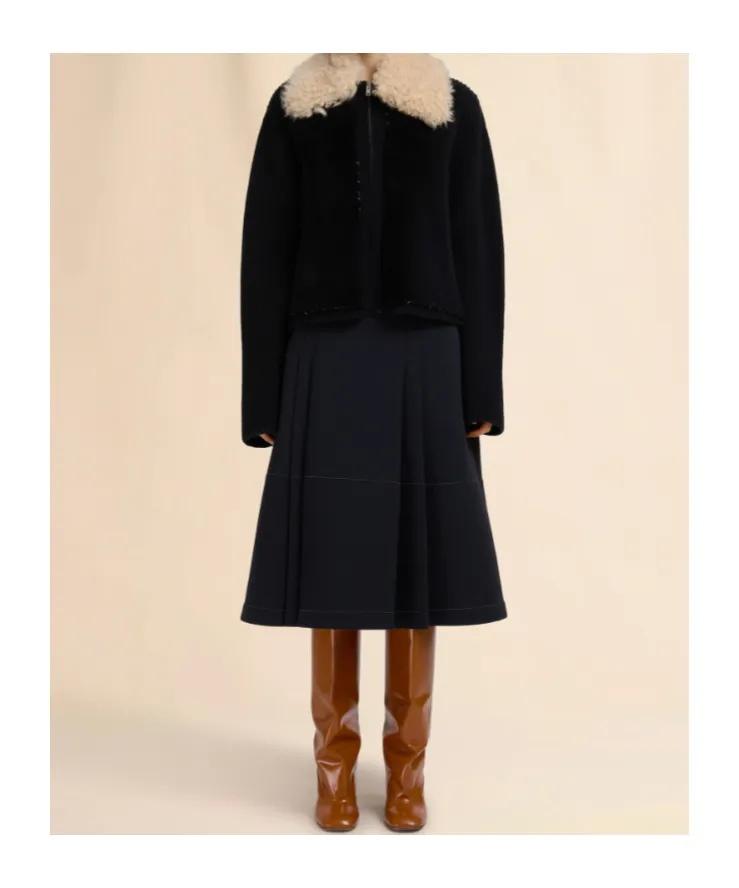 Black Wool Cardigan With Shearling Patches