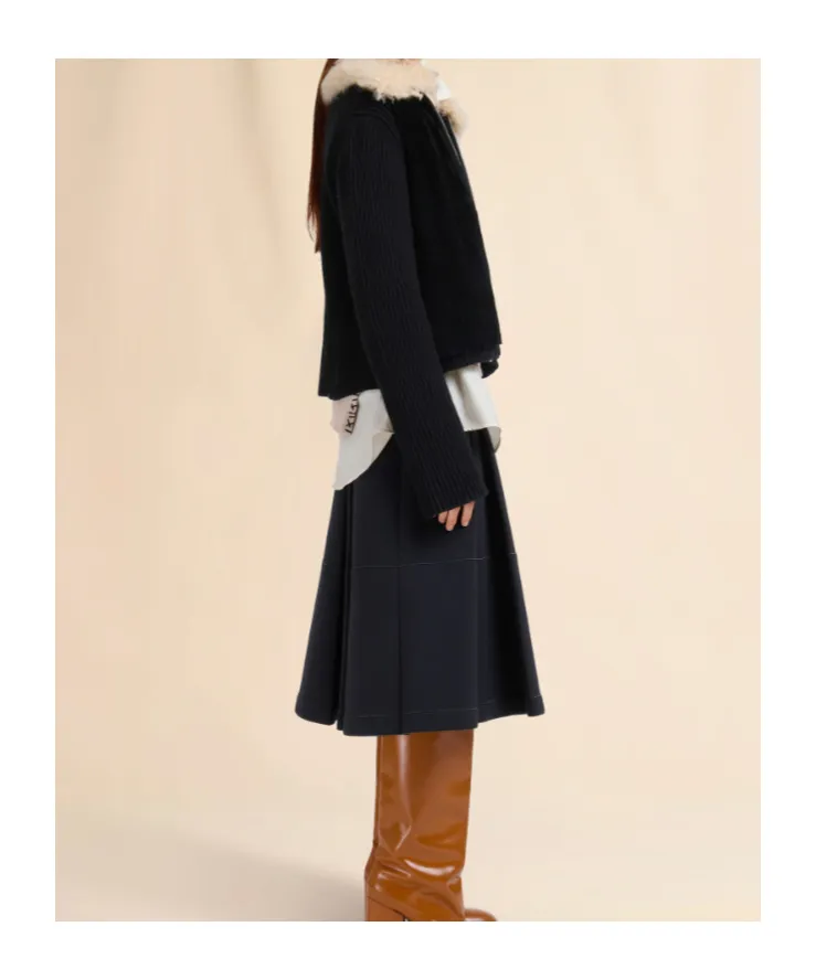 Black Wool Cardigan With Shearling Patches