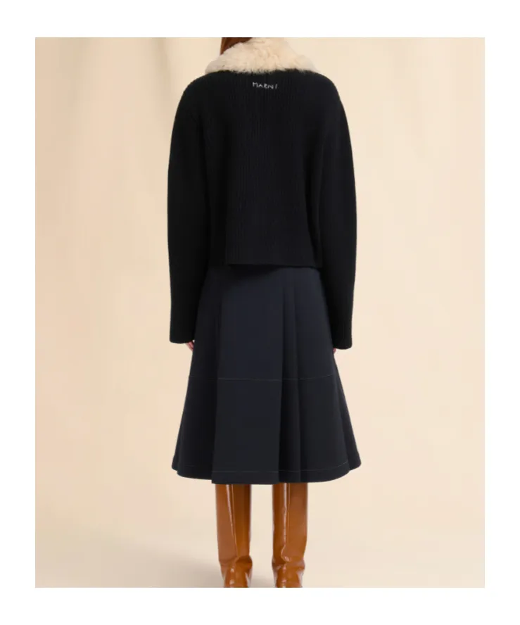 Black Wool Cardigan With Shearling Patches
