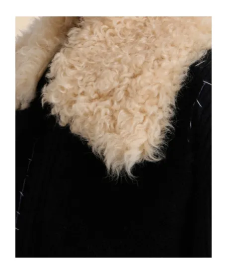 Black Wool Cardigan With Shearling Patches