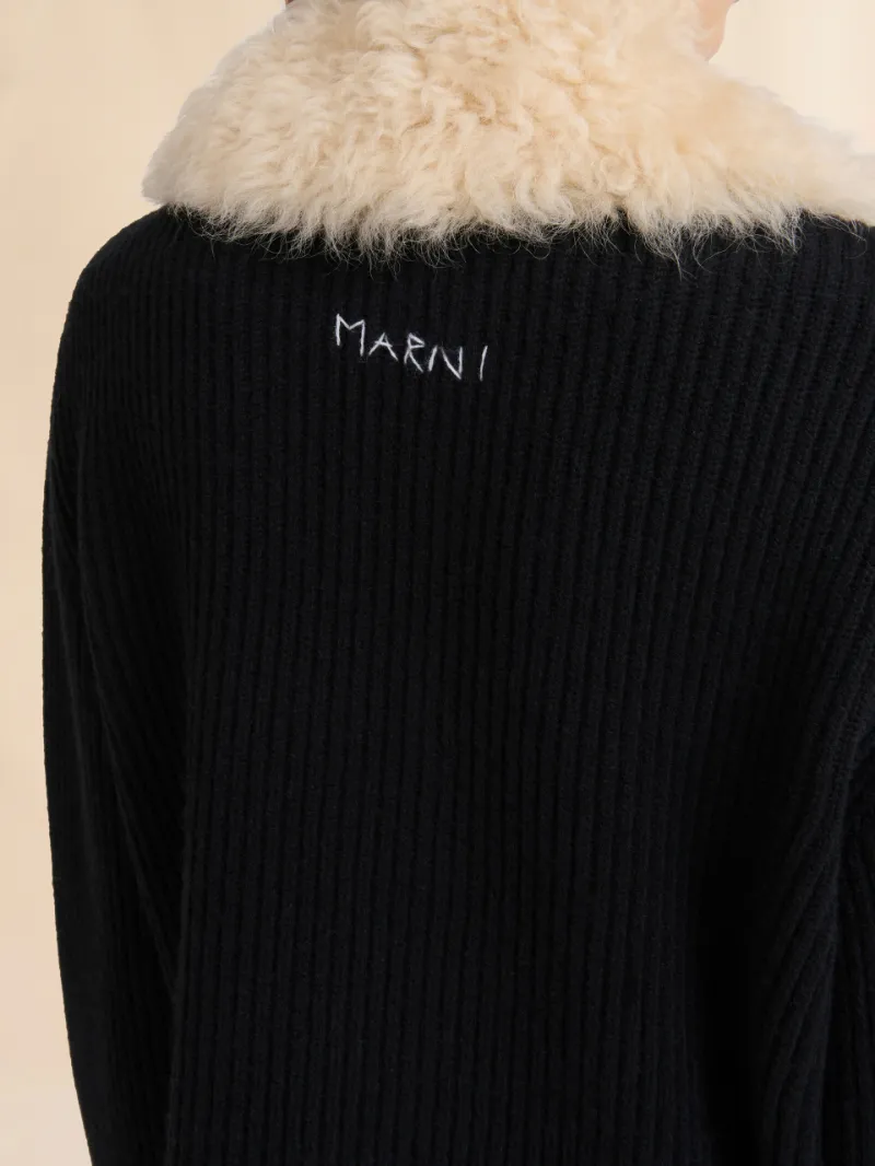 Black Wool Cardigan With Shearling Patches