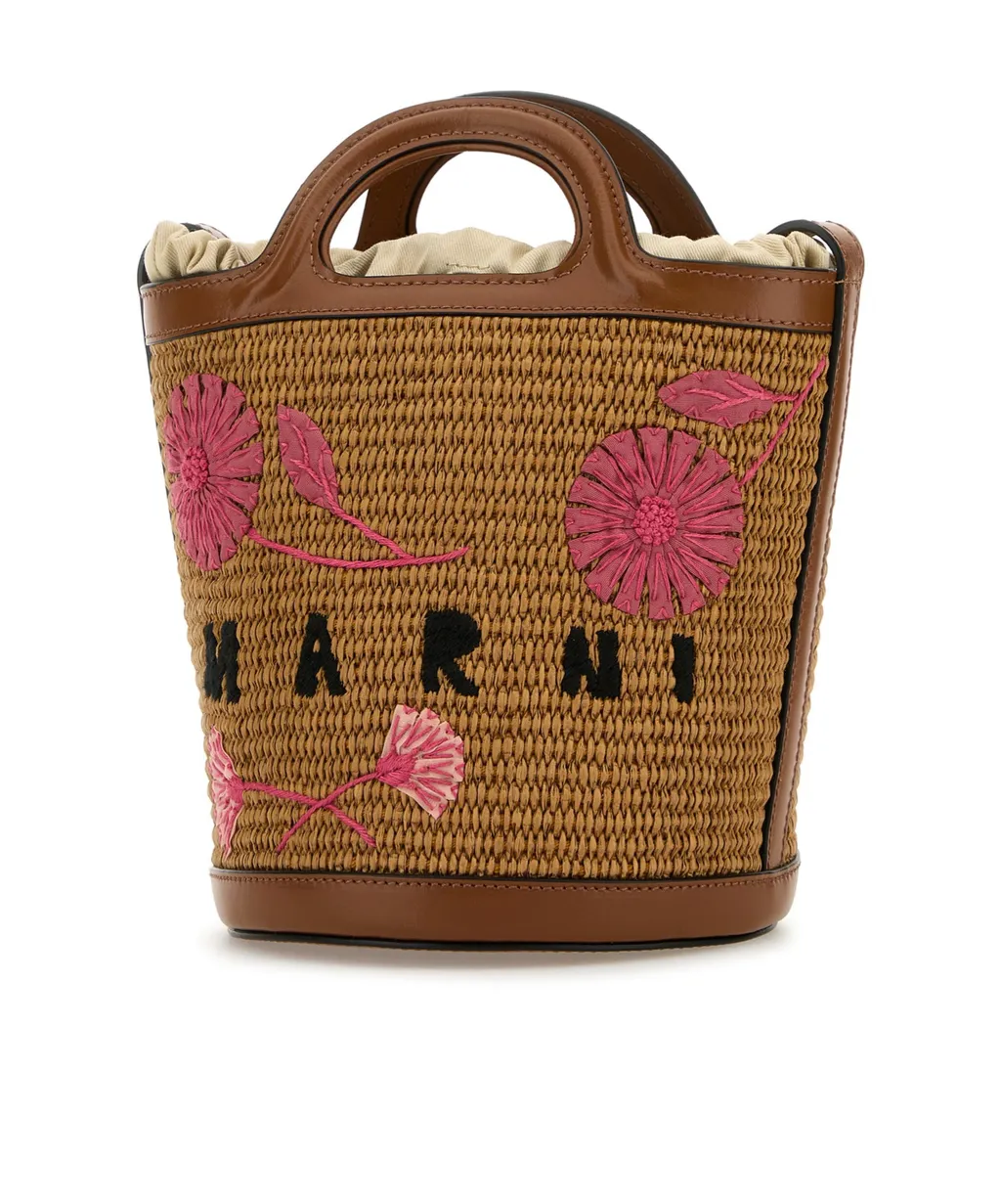 Small Tropicalia Flower-Embroidered Bucket Bag