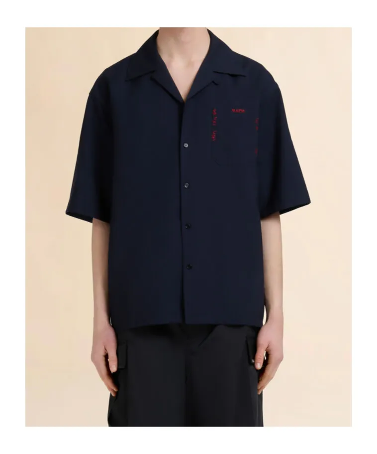 Deep Blue Tropical Wool Bowling Shirt With Marni Mending