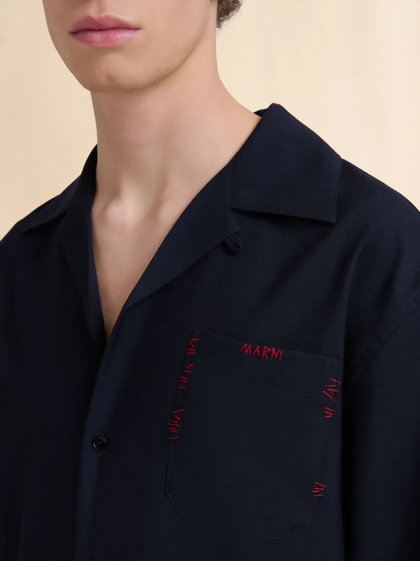 Deep Blue Tropical Wool Bowling Shirt With Marni Mending