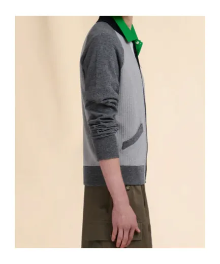 Grey Wool Cardigan With Bomber Neck