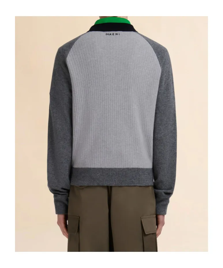 Grey Wool Cardigan With Bomber Neck