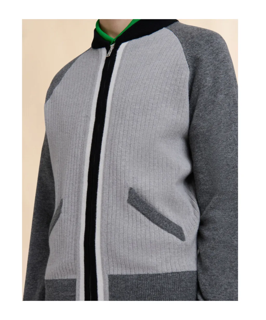 Grey Wool Cardigan With Bomber Neck