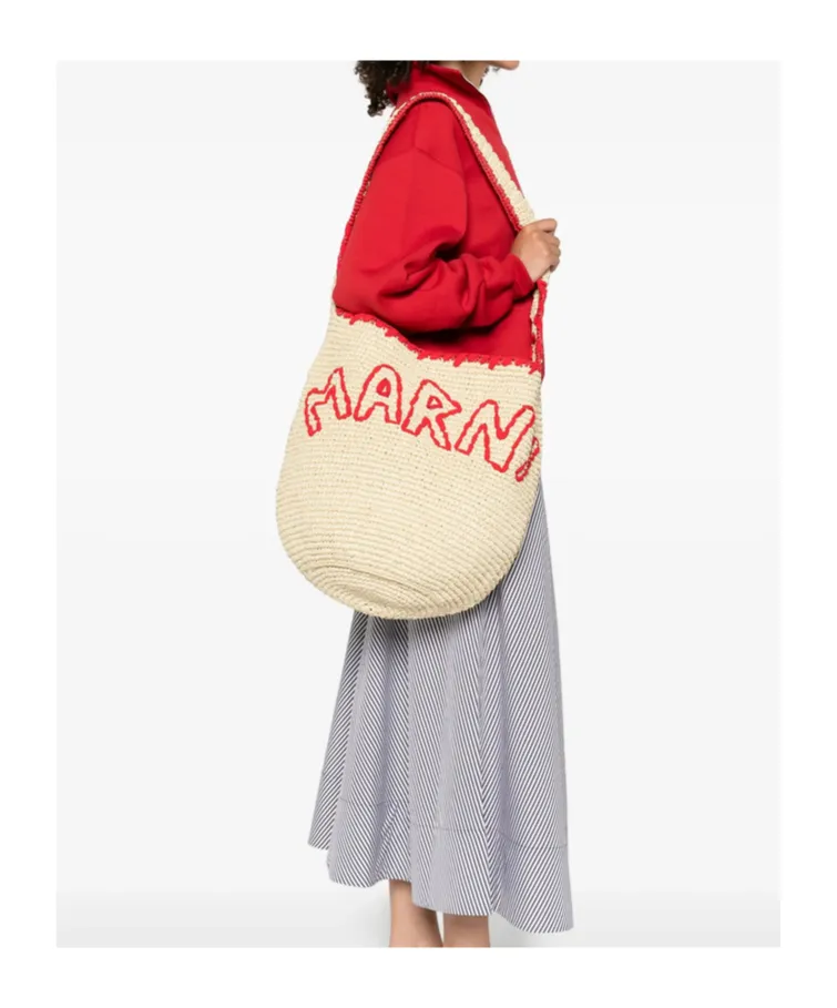 Logo Embroidered Woven Shoulder Bag