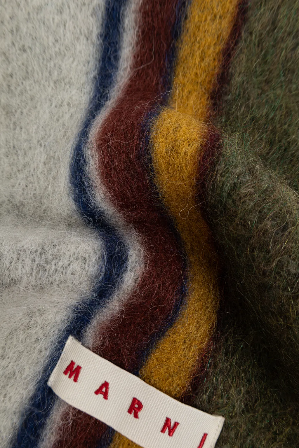Logo Patch Striped Knit Fringed Scarf