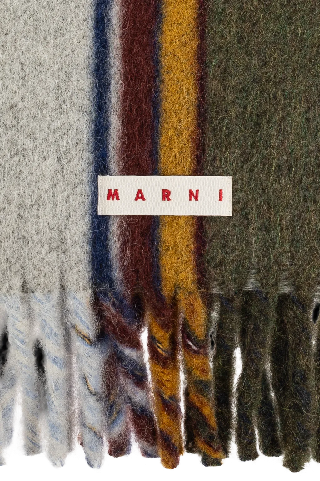 Logo Patch Striped Knit Fringed Scarf