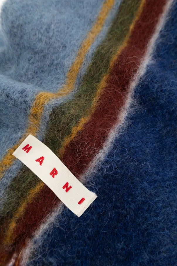 Logo Patch Striped Knit Fringed Scarf