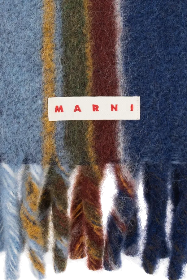 Logo Patch Striped Knit Fringed Scarf