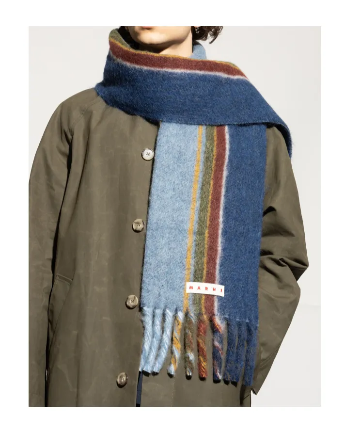 Logo Patch Striped Knit Fringed Scarf