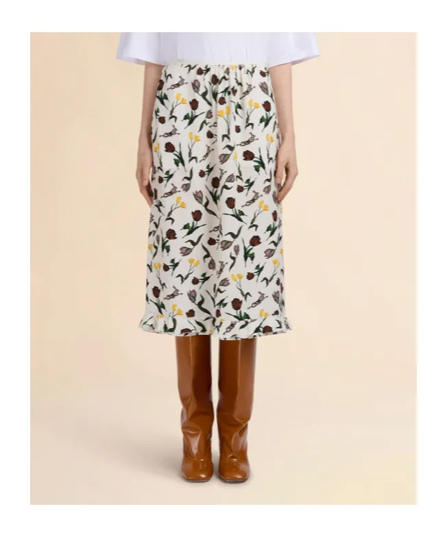 Tulips And Hares Print Satin Midi Skirt