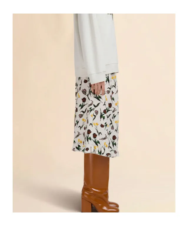 Tulips And Hares Print Satin Midi Skirt