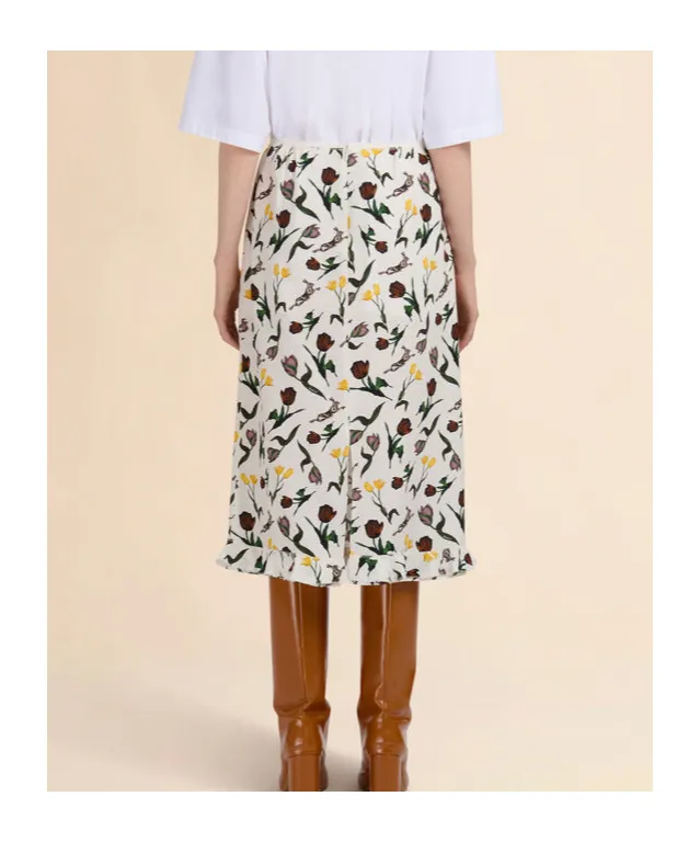 Tulips And Hares Print Satin Midi Skirt