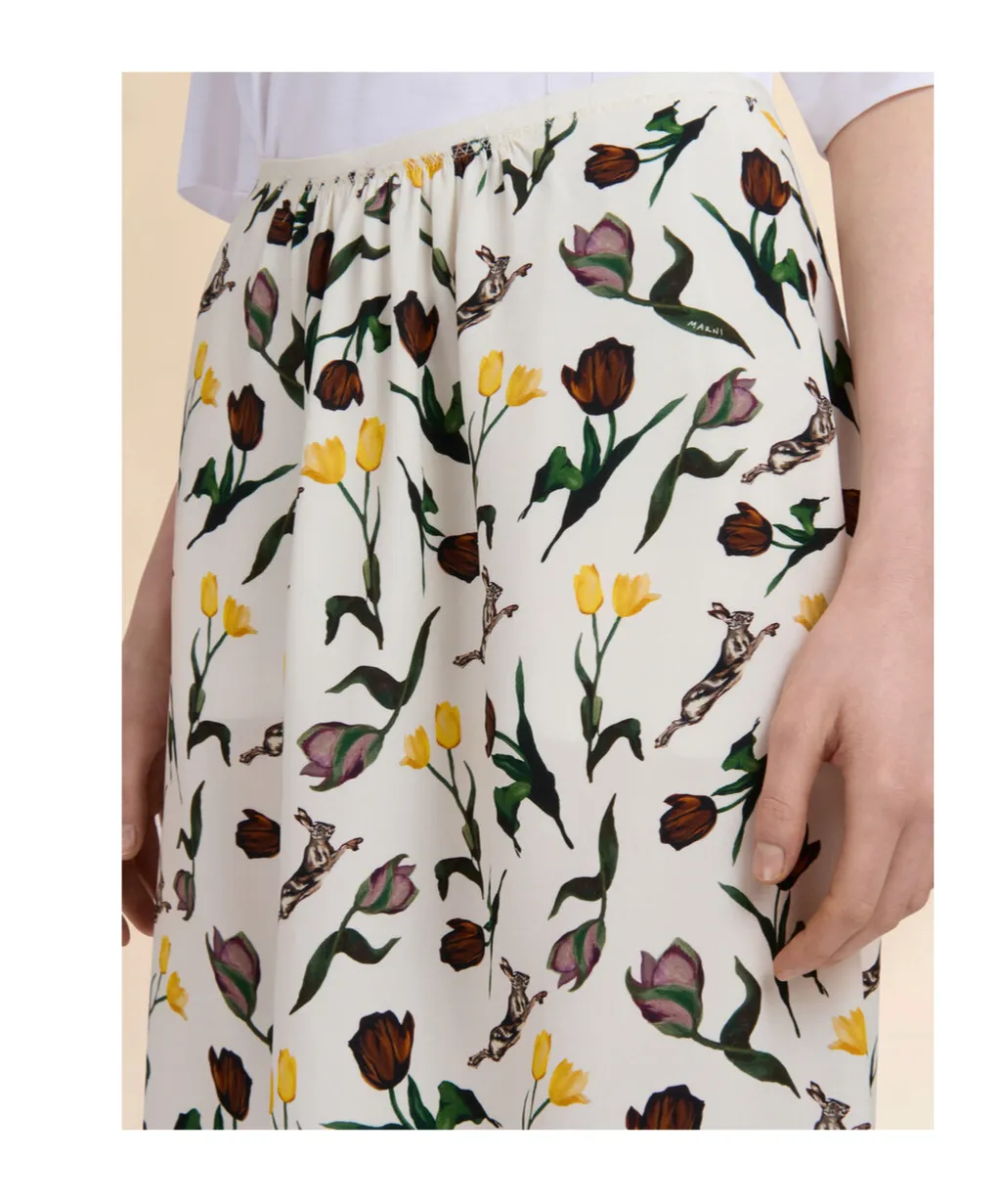 Tulips And Hares Print Satin Midi Skirt