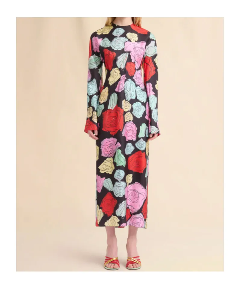 Floral-Printed Long-Sleeved Crewneck Dress