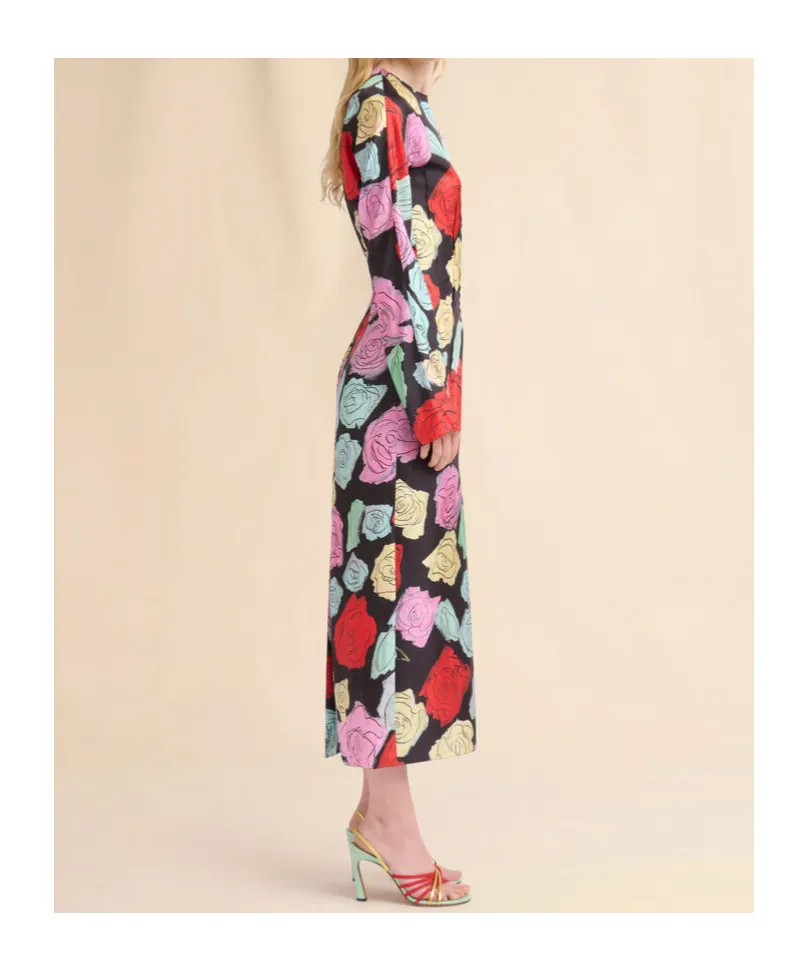 Floral-Printed Long-Sleeved Crewneck Dress