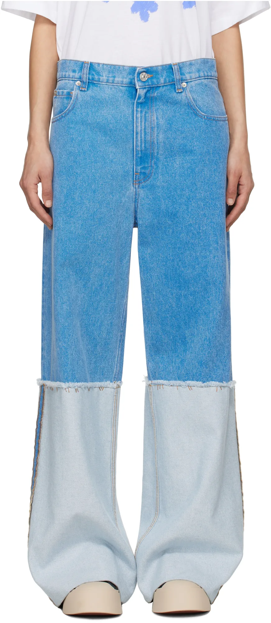Wide-Leg Blue Denim Jeans With Extra High Cuffs