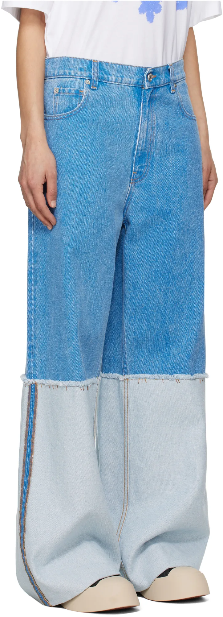 Wide-Leg Blue Denim Jeans With Extra High Cuffs