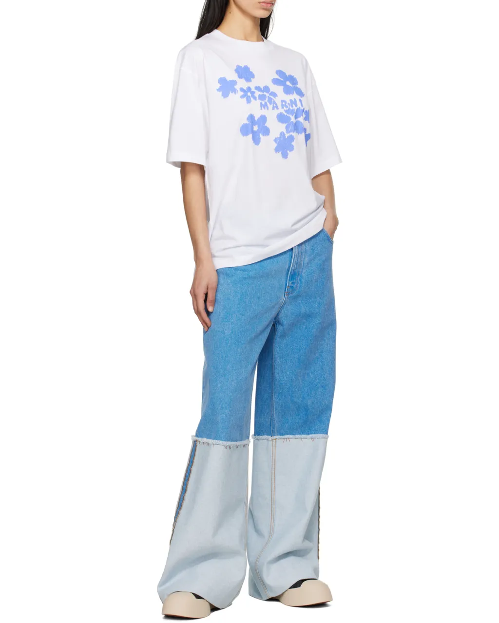 Wide-Leg Blue Denim Jeans With Extra High Cuffs