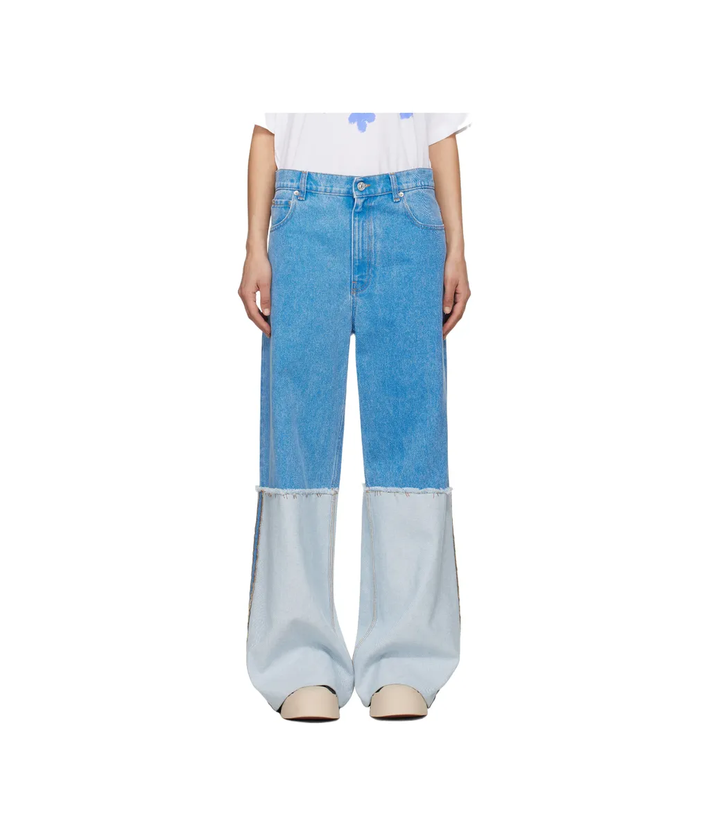 Wide-Leg Blue Denim Jeans With Extra High Cuffs